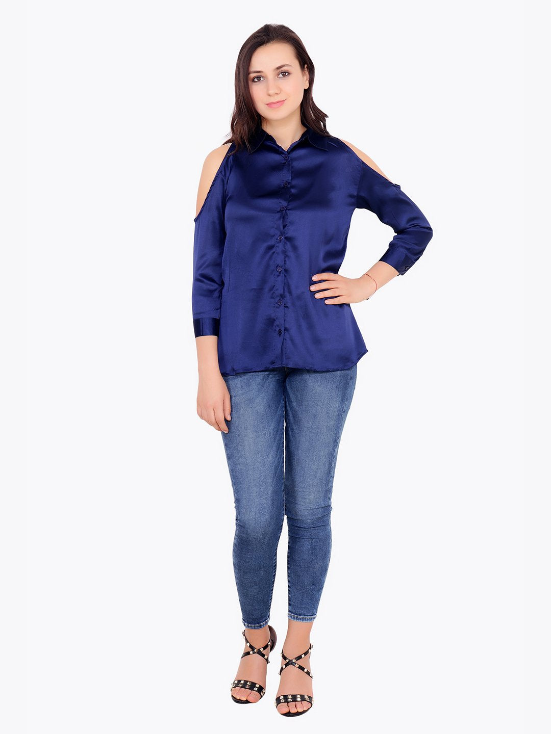 Cation Solid Blue Satin Shirt
