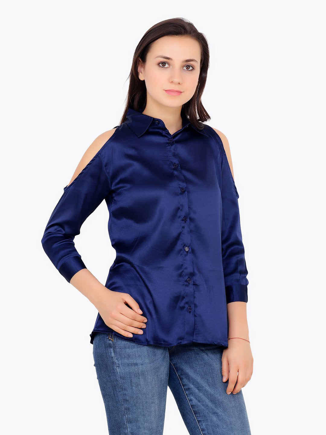 Cation Solid Blue Satin Shirt