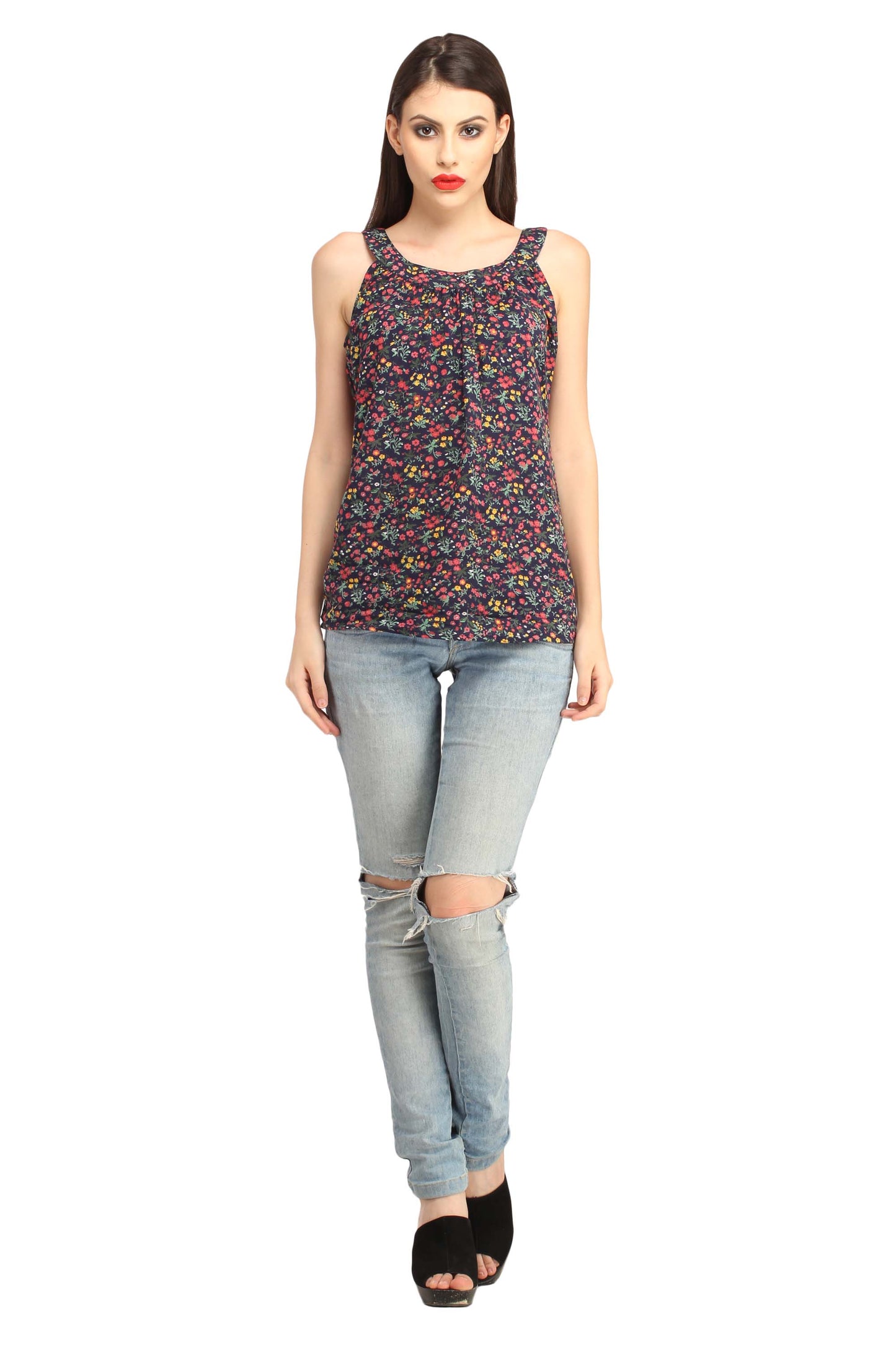 Cation Navy Blue Printed Top