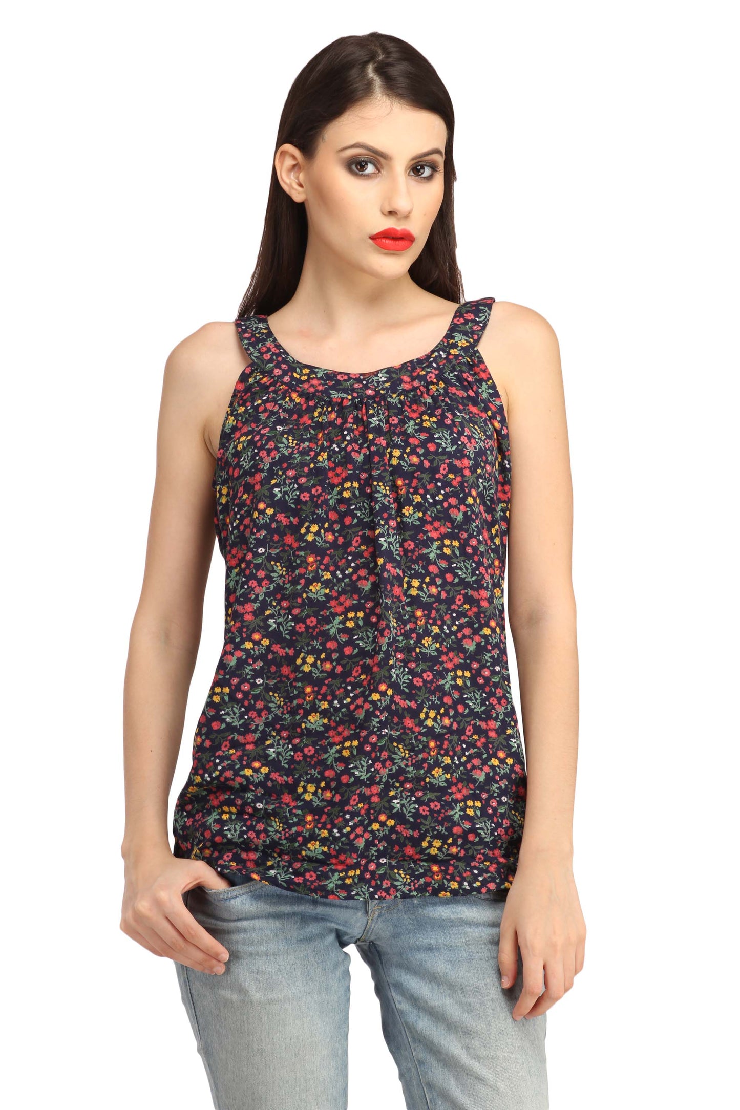 Cation Navy Blue Printed Top