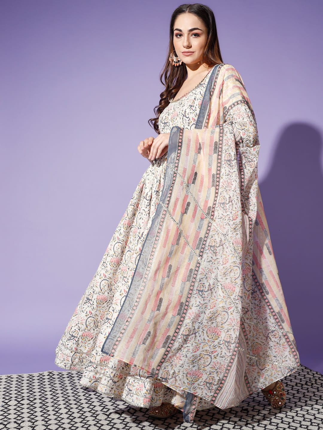 Mystical Blooms: An Off-White 2-Piece Kurta with Printed Dupatta | Hues of India