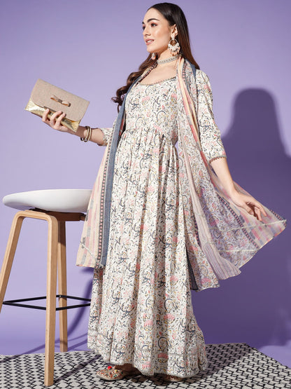 Mystical Blooms: An Off-White 2-Piece Kurta with Printed Dupatta | Hues of India
