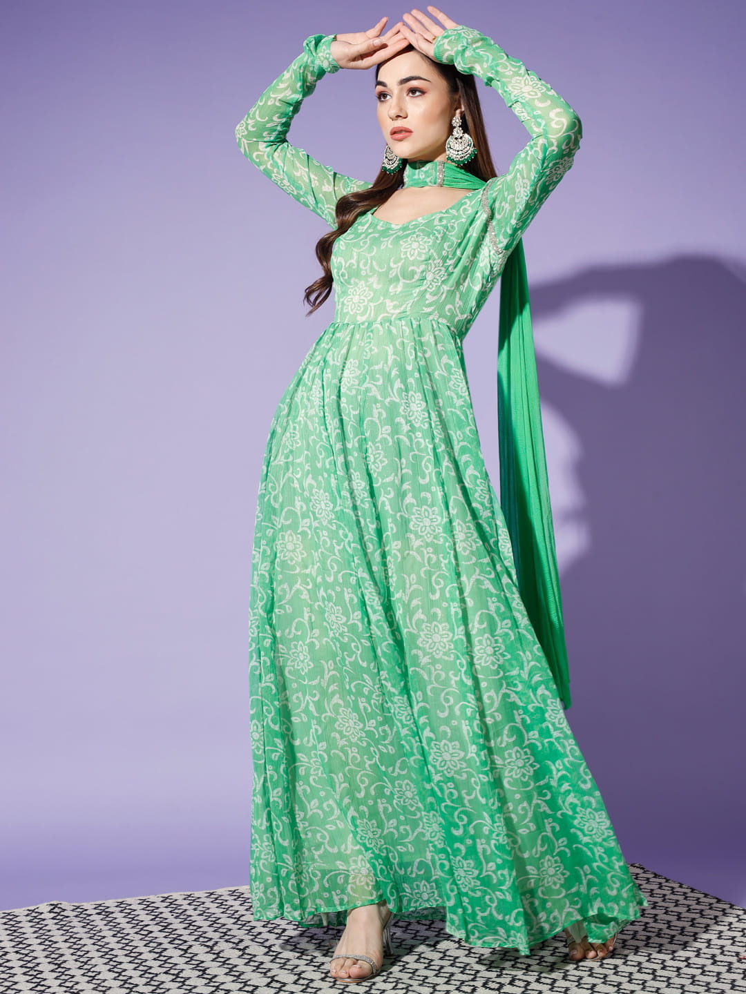 Verdant Visions: A Green Printed Kurti and Dupatta Set for Women | Hues of India