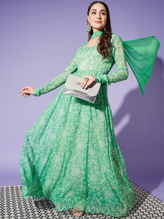 Verdant Visions: A Green Printed Kurti and Dupatta Set for Women | Hues of India