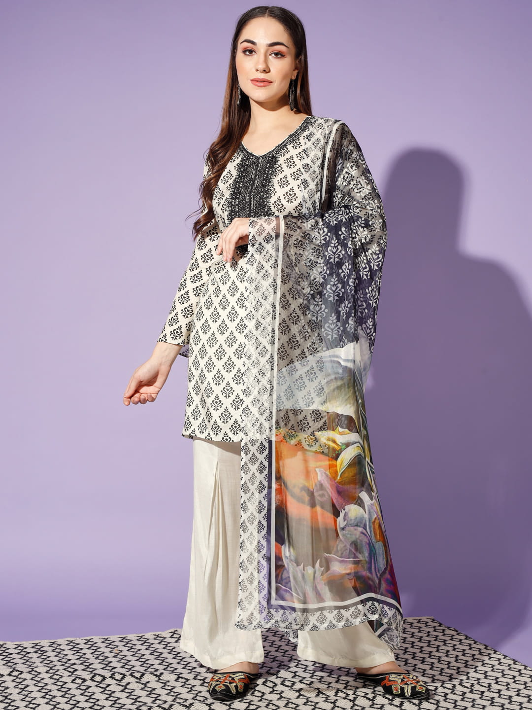 Monochrome Majesty: A Cream and Black Printed Suit | Hues of India