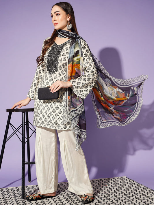 Monochrome Majesty: A Cream and Black Printed Suit | Hues of India