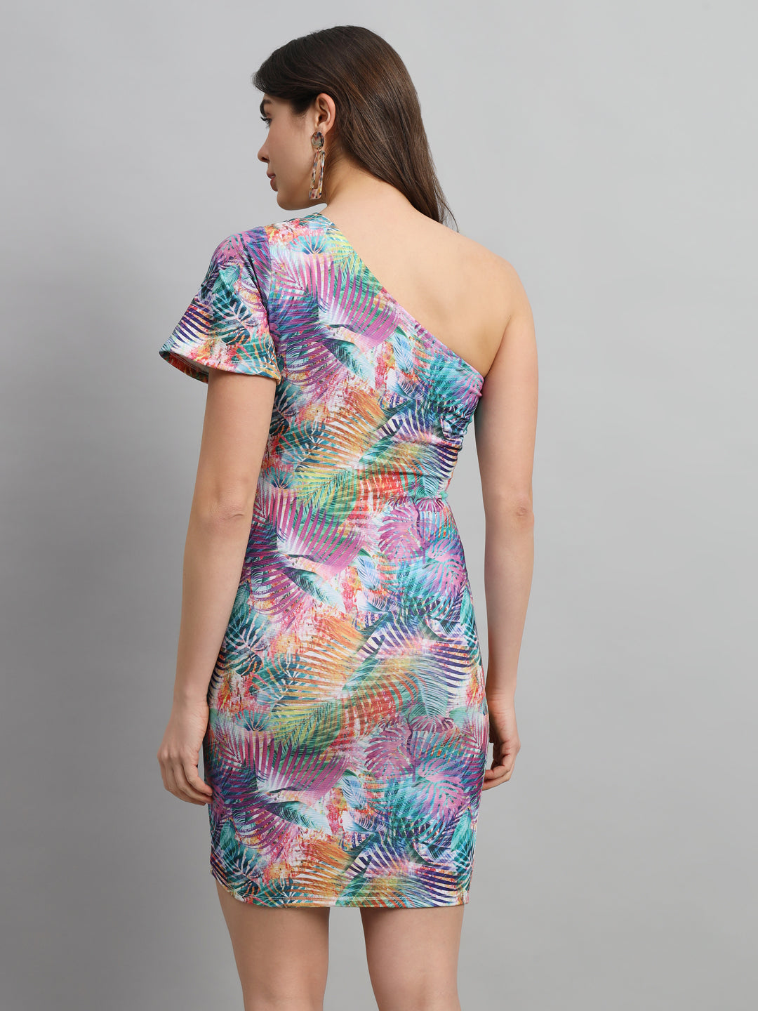 SCORPIUS Floral Printed One Shoulder Bodycon Dress