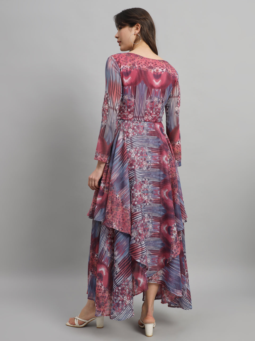 SCORPIUS Round neck Long Sleeves Floral Print Georgette Maxi Dress