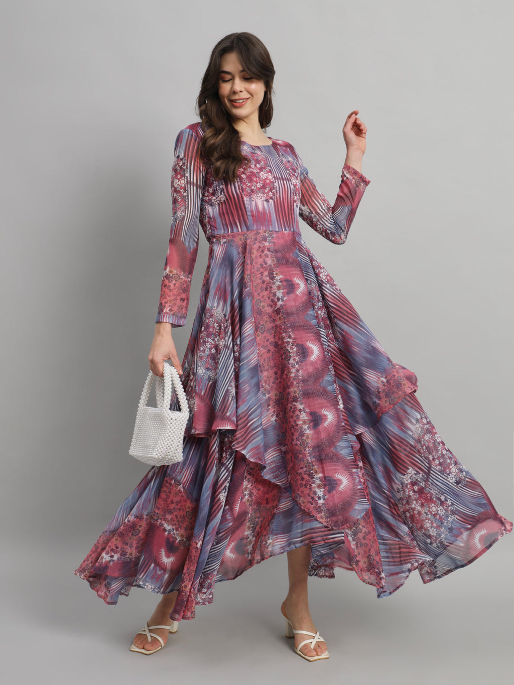 SCORPIUS Round neck Long Sleeves Floral Print Georgette Maxi Dress