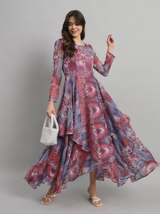 SCORPIUS Round neck Long Sleeves Floral Print Georgette Maxi Dress