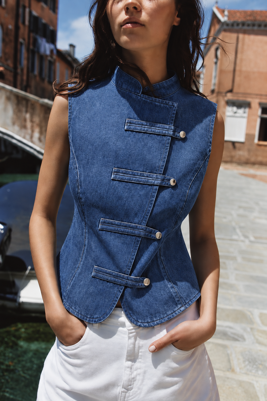 Blue Denim Button-Front Waistcoat