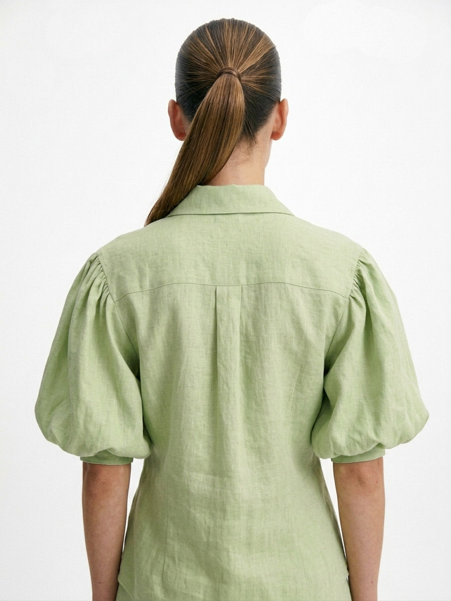 Sage Green Puff-Sleeve Button-Down Blouse