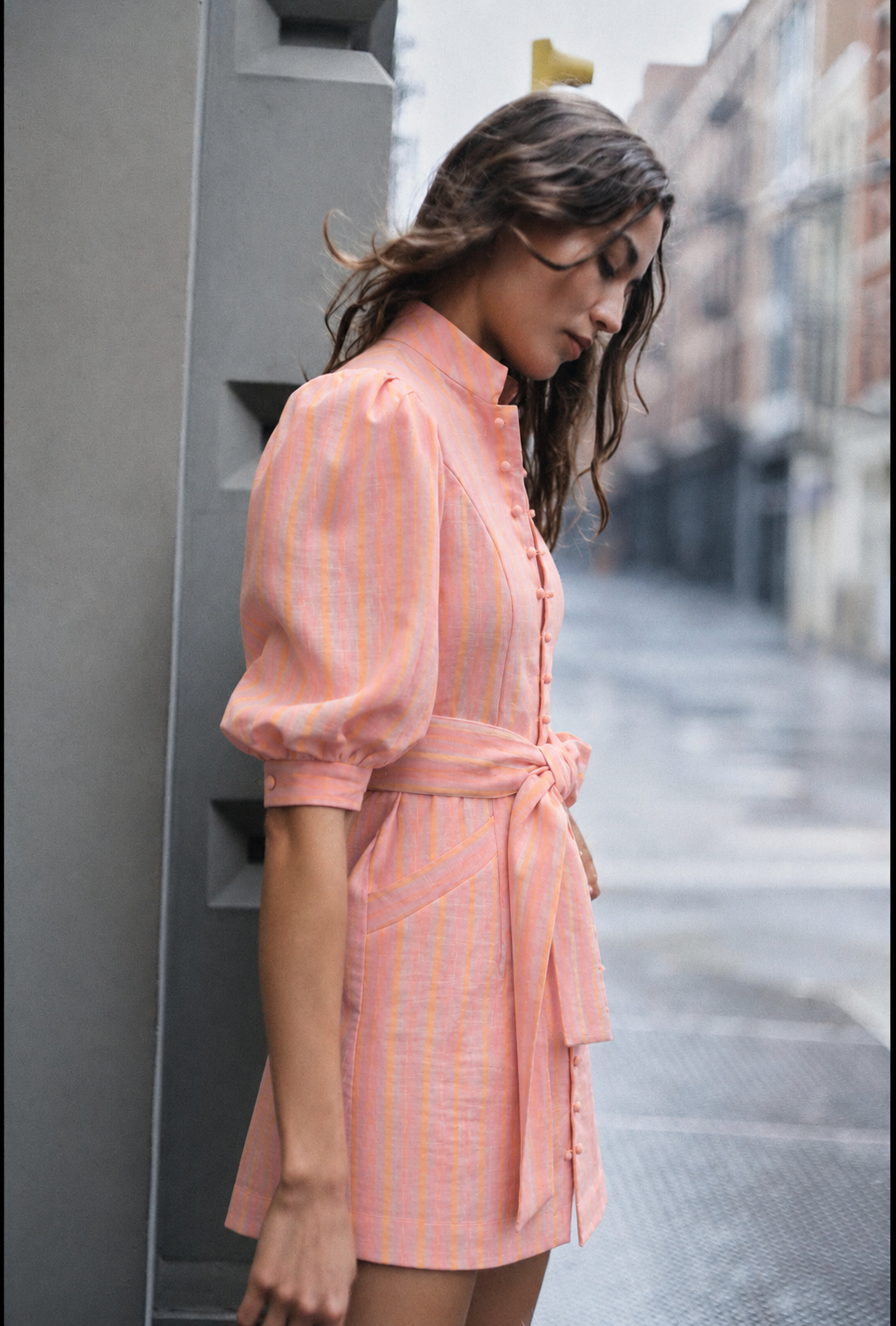 Peach Stripe Puff-Sleeve Mini Dress
