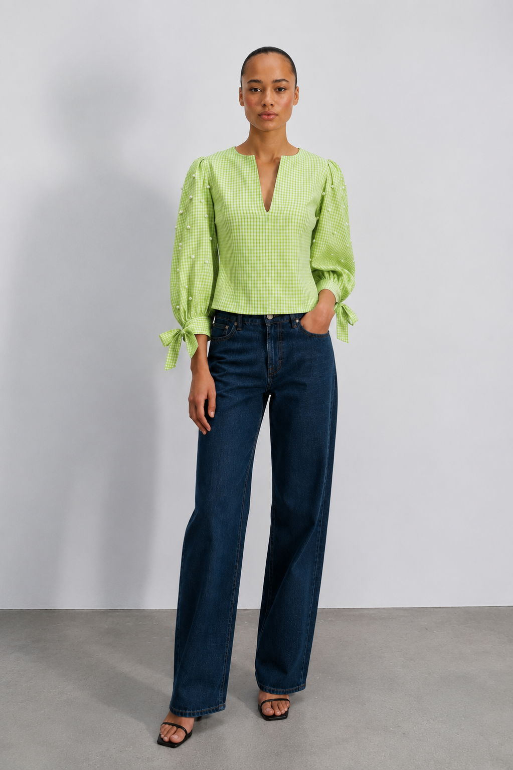 Lime Pearl Embellished Gingham Tie-Sleeve Top