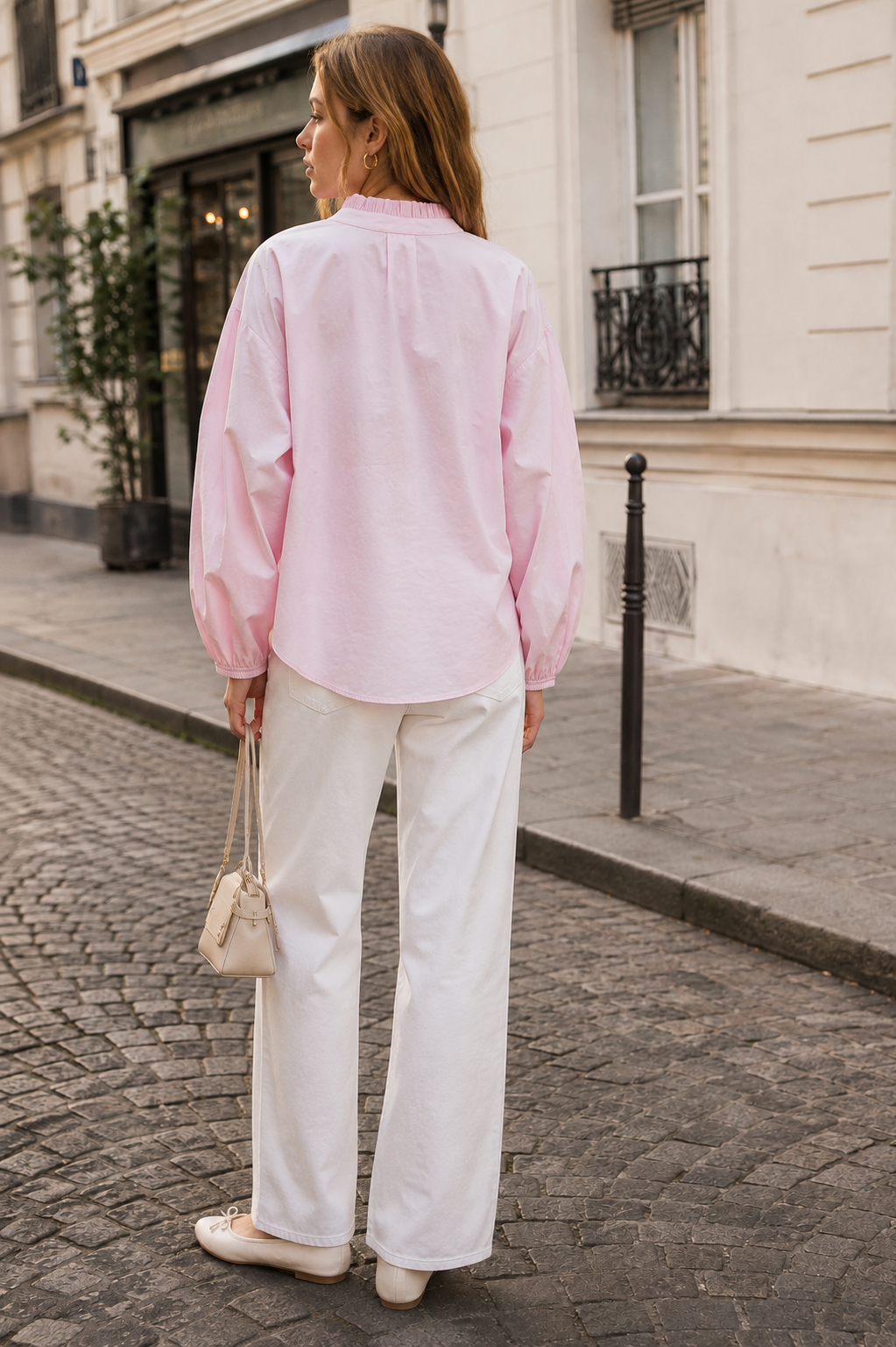 Pearl-Embellished Ruffle Detail Pink Poplin Shirt