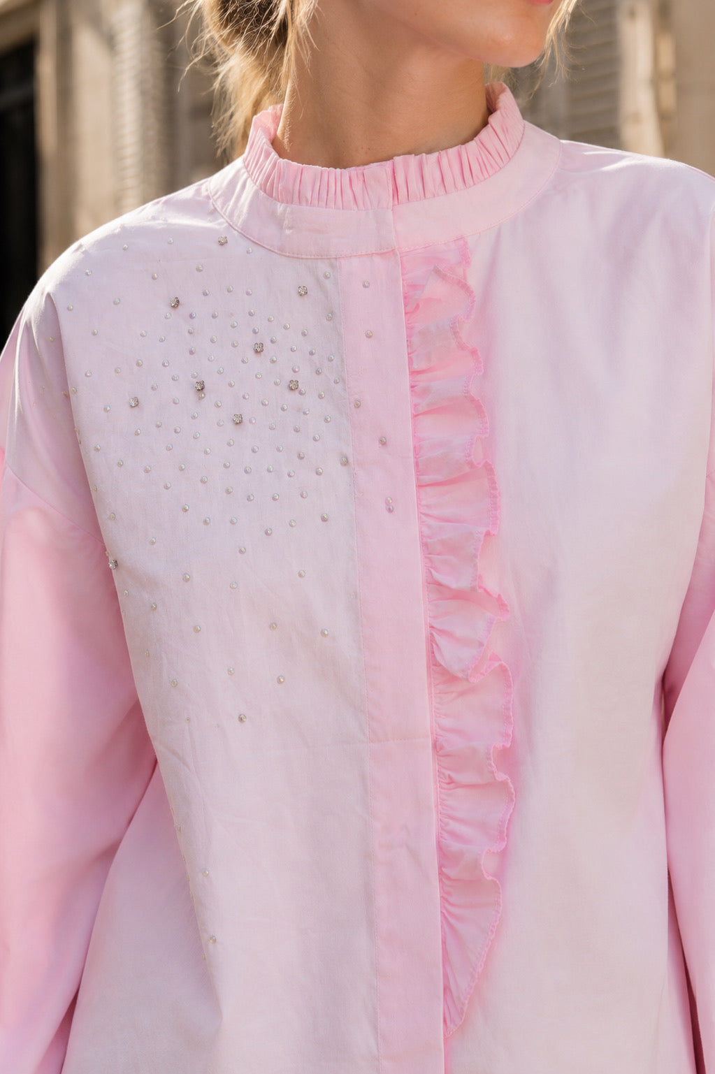 Pearl-Embellished Ruffle Detail Pink Poplin Shirt