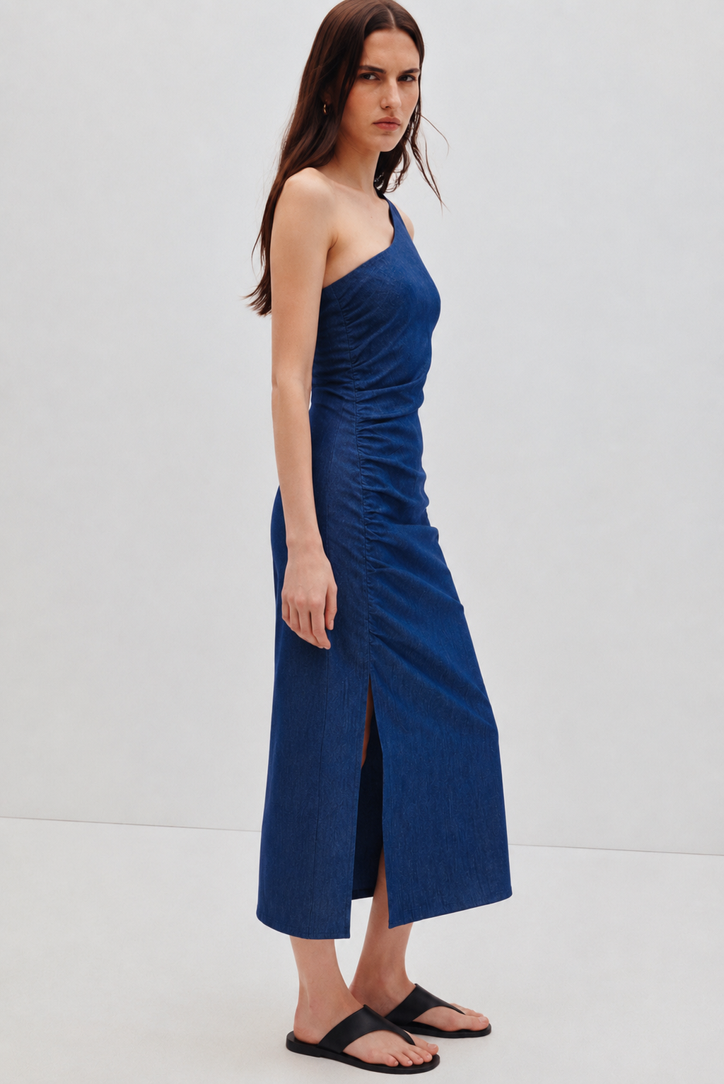 Denim One-Shoulder Ruched Midi Dress