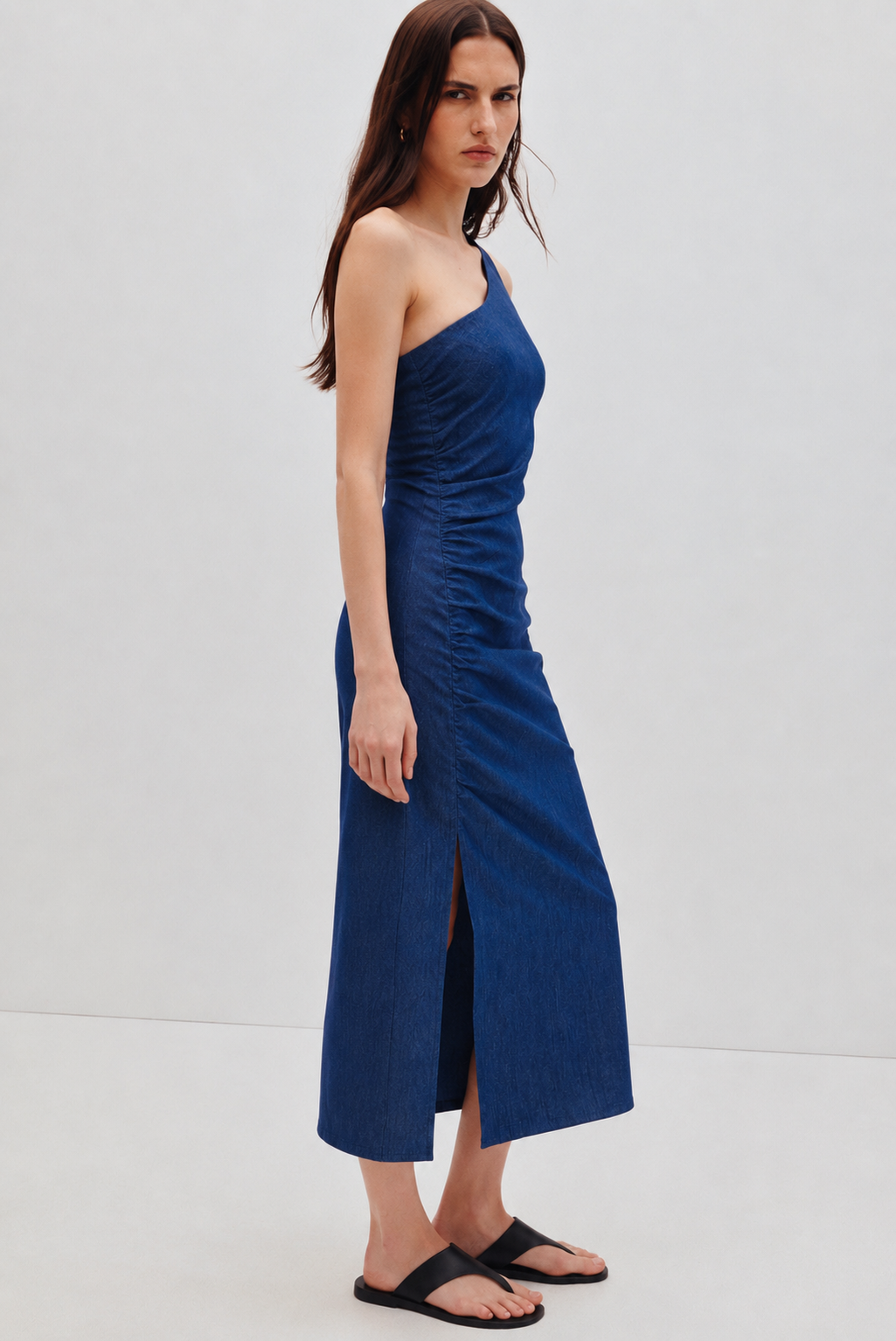 Denim One-Shoulder Ruched Midi Dress