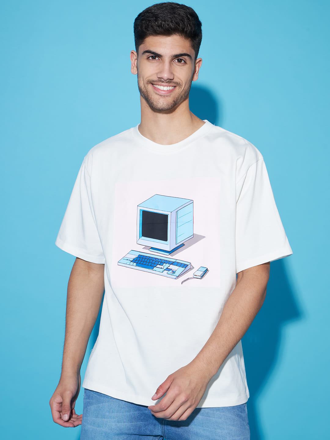 Digital Mirage: A Men's Oversized White T-Shirt with Front Print