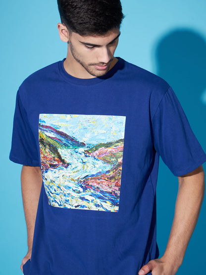 Azure Visions: Blue T-Shirt with Landscape Print