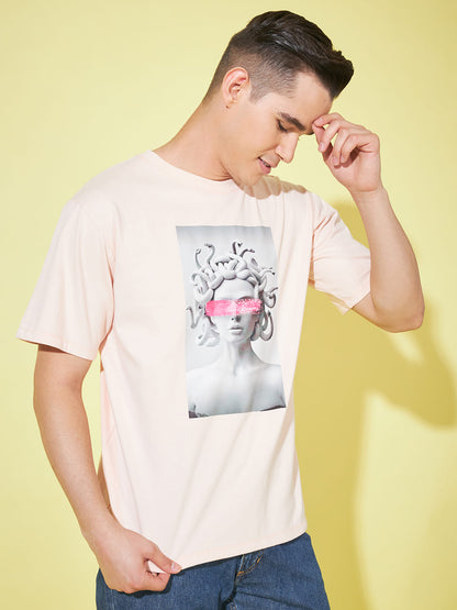 Blushing Whispers: Light Pink Oversized Printed T-Shirt