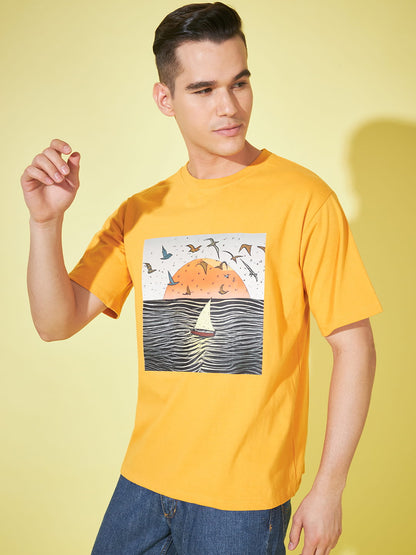 Golden Elegance: Mustard Printed T-Shirt