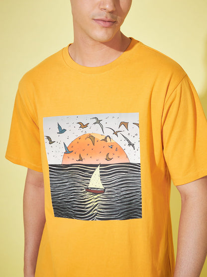 Golden Elegance: Mustard Printed T-Shirt