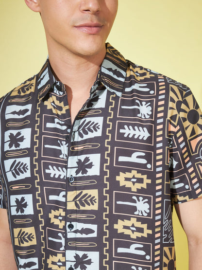 Obsidian Charisma: Super Dark Grey Printed Shirt