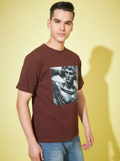 Earthly Expression: Brown Printed Men's Oversized T-Shirt