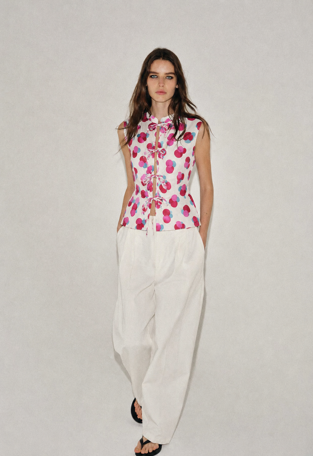 Cotton Tie-Front Polka Dot Peplum Top