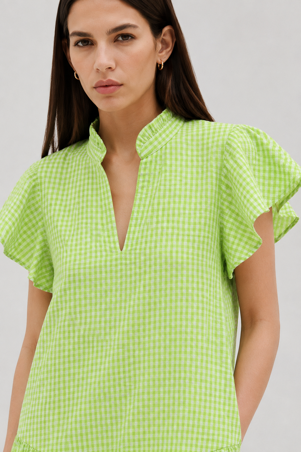 Lime Green Gingham Flutter Sleeve Mini Dress