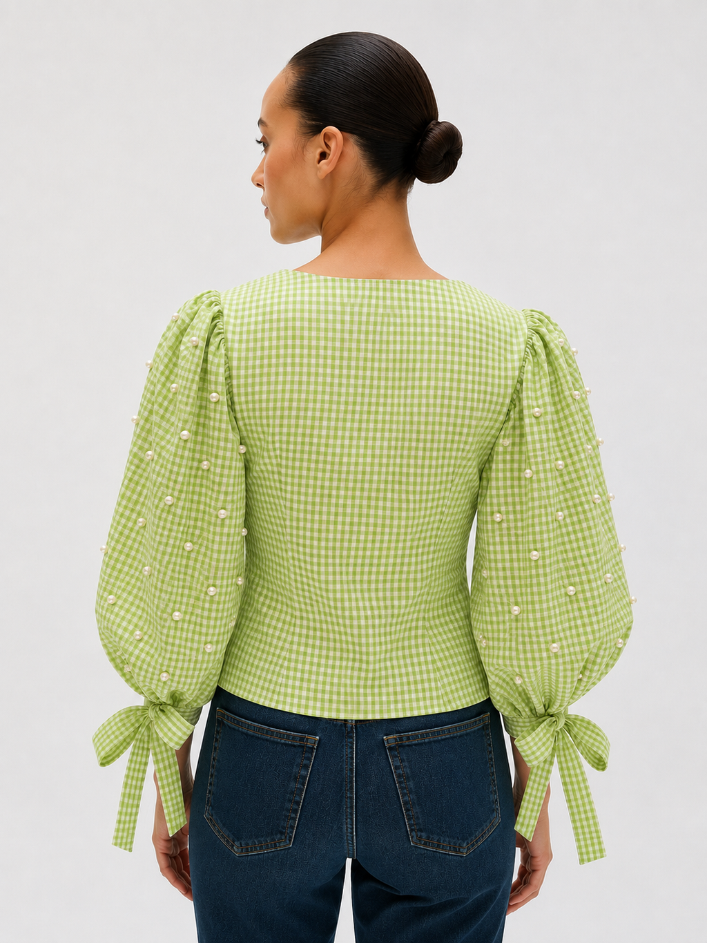 Lime Pearl Embellished Gingham Tie-Sleeve Top