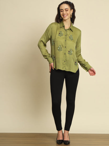 Whispers of Nature: An Olive Green Hand Embroidered Shirt