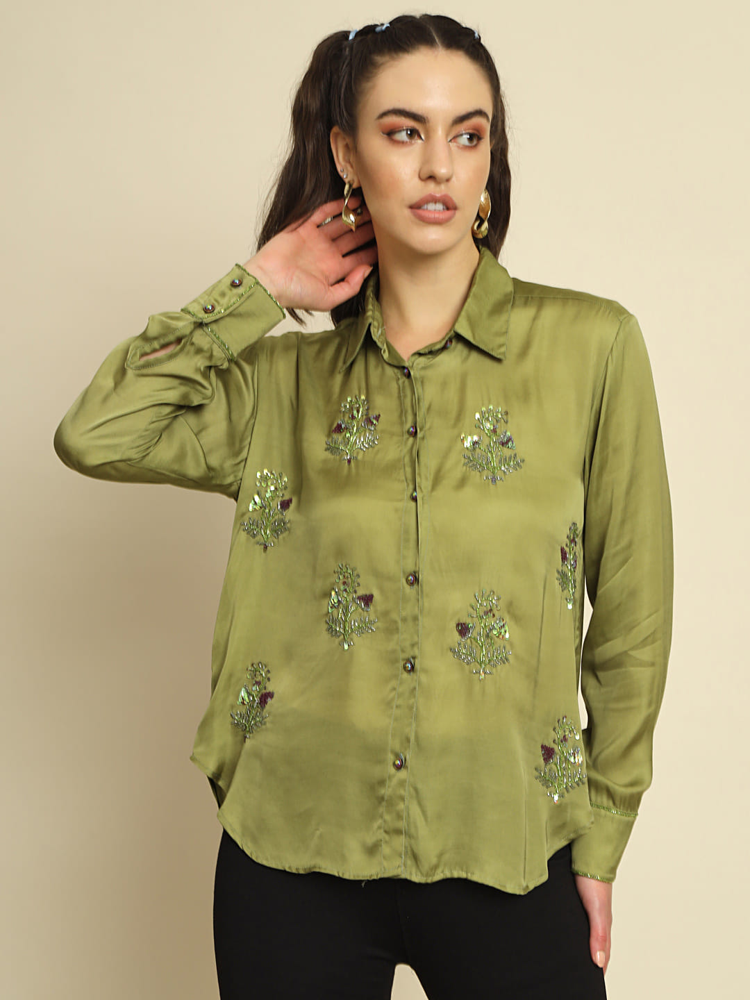 Whispers of Nature: An Olive Green Hand Embroidered Shirt