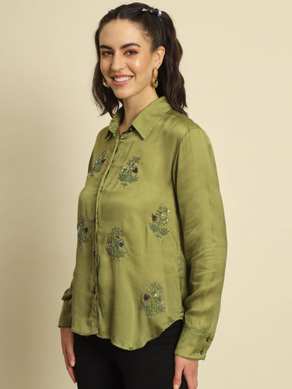 Whispers of Nature: An Olive Green Hand Embroidered Shirt