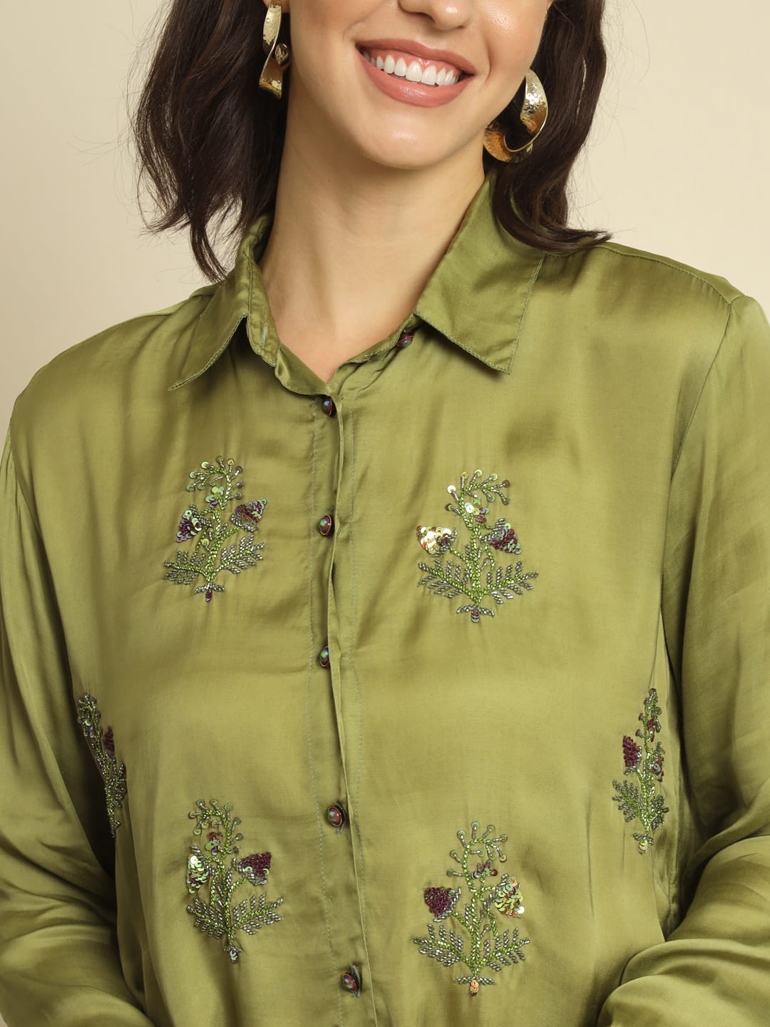 Whispers of Nature: An Olive Green Hand Embroidered Shirt