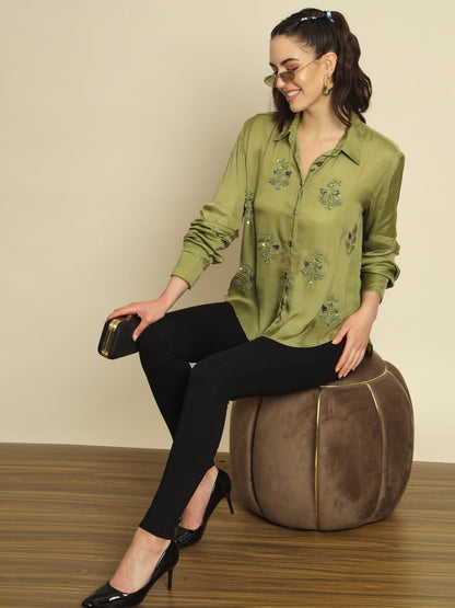 Whispers of Nature: An Olive Green Hand Embroidered Shirt