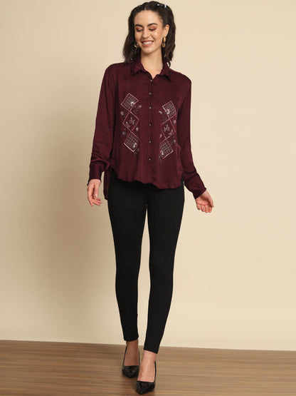 Scarlet Symphony: A Maroon Hand Embroidered Shirt