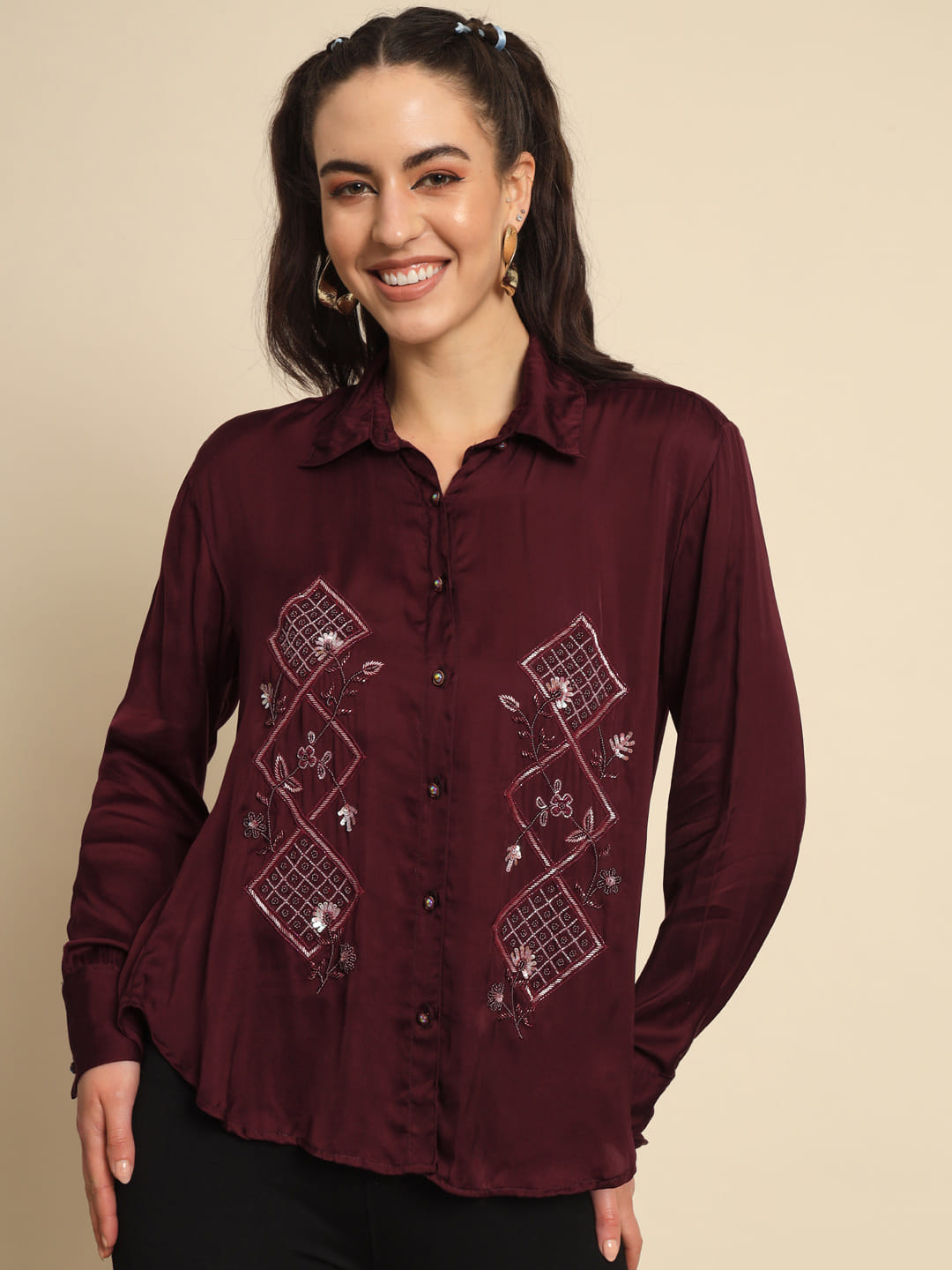 Scarlet Symphony: A Maroon Hand Embroidered Shirt