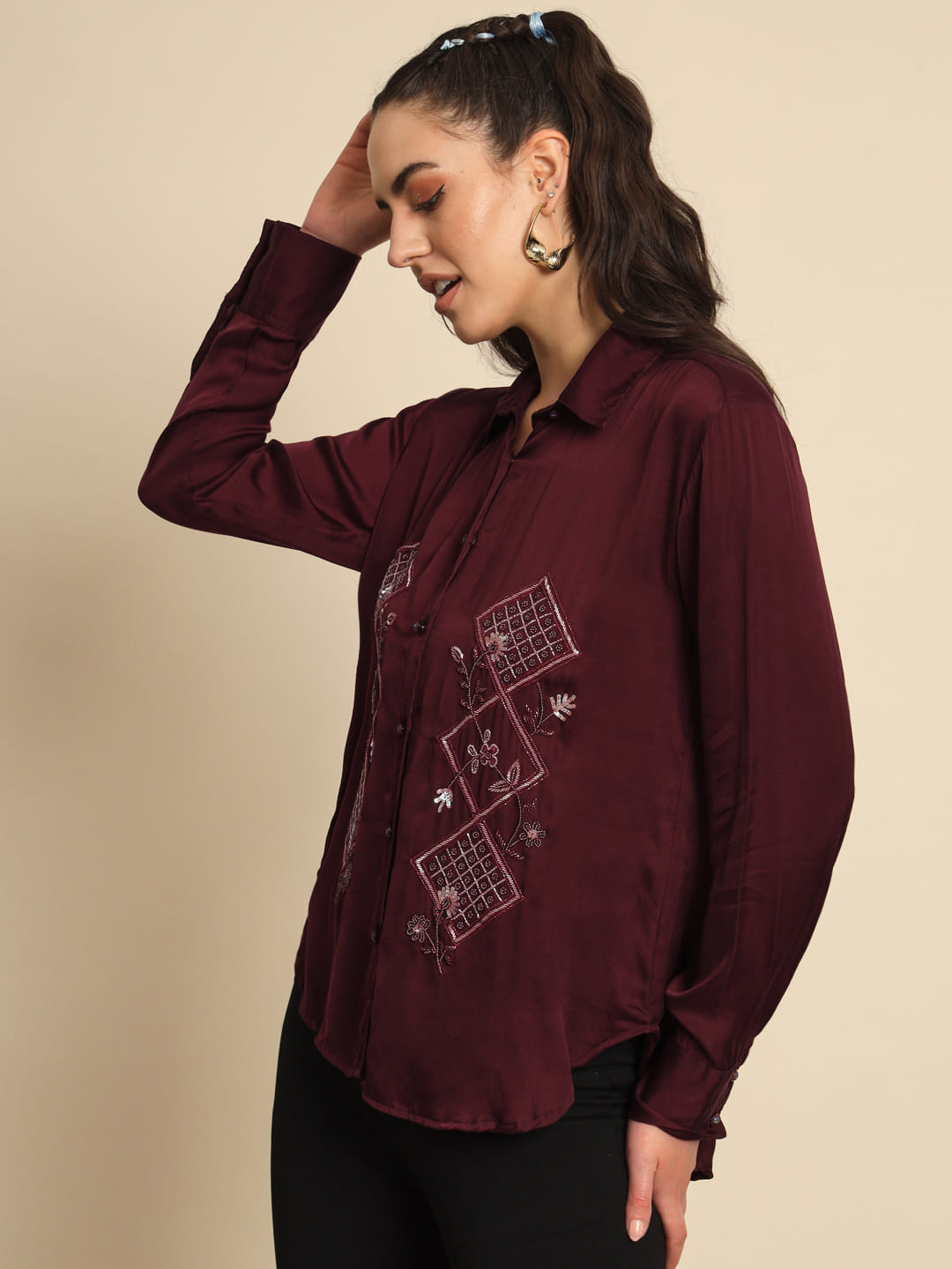 Scarlet Symphony: A Maroon Hand Embroidered Shirt