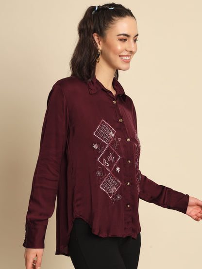 Scarlet Symphony: A Maroon Hand Embroidered Shirt