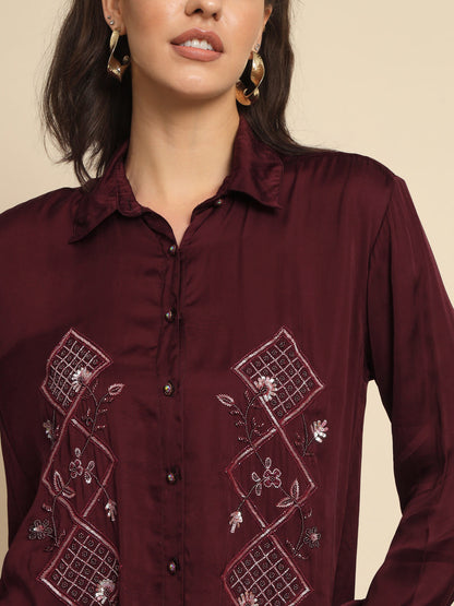 Scarlet Symphony: A Maroon Hand Embroidered Shirt