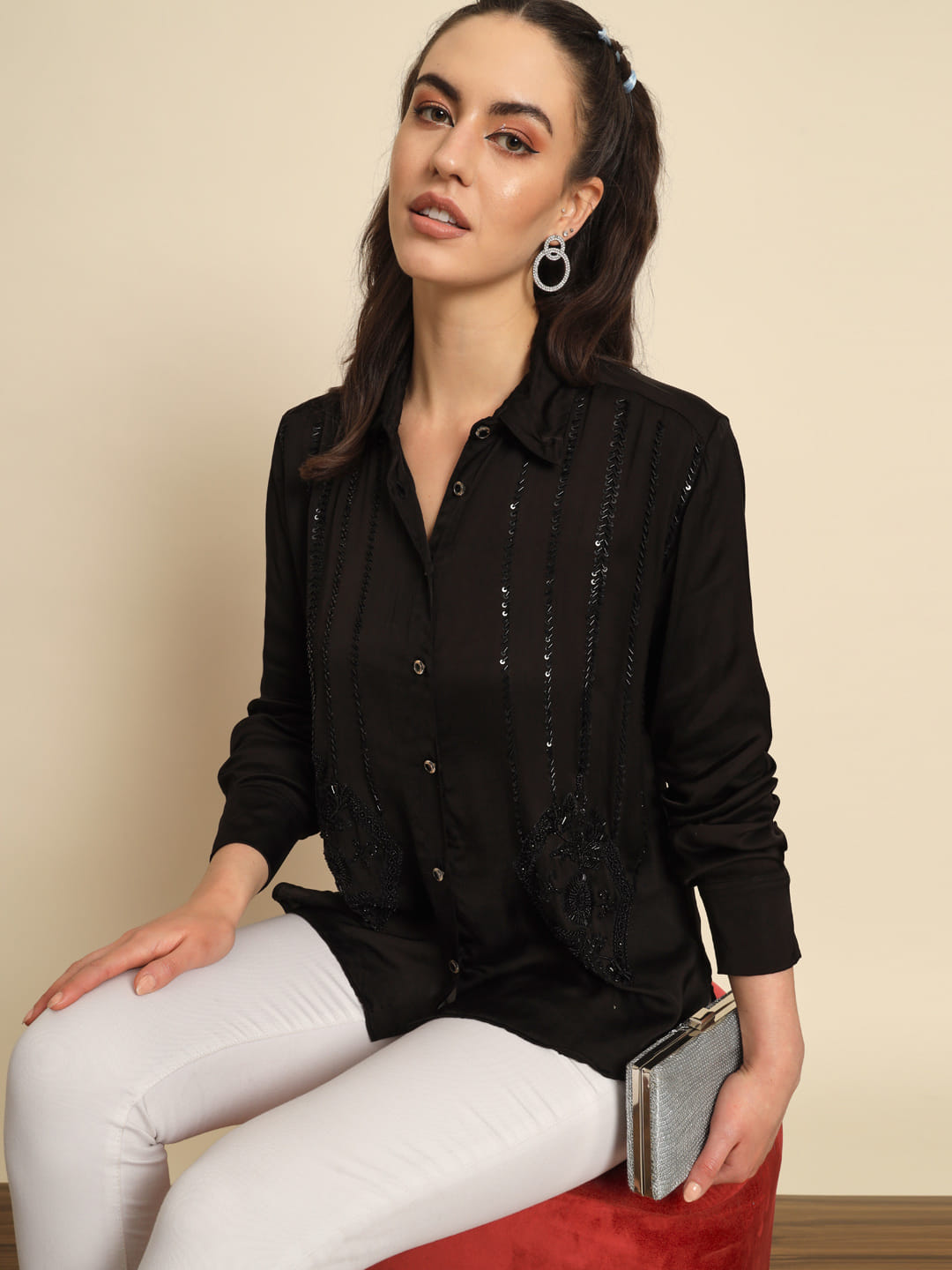 Celestial Intricacies: A Hand Embroidered Black Shirt