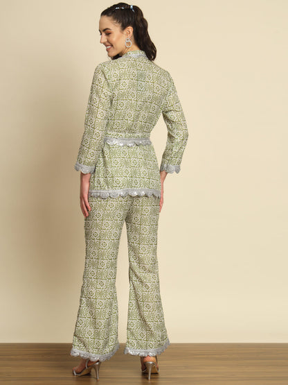 Enchanted Forest: A Green Printed Coord Set Adorned with Belt | Hues of India