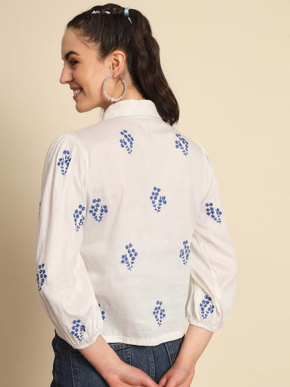 Whispers of Azure: A White Cotton Shirt with Blue Embroidery
