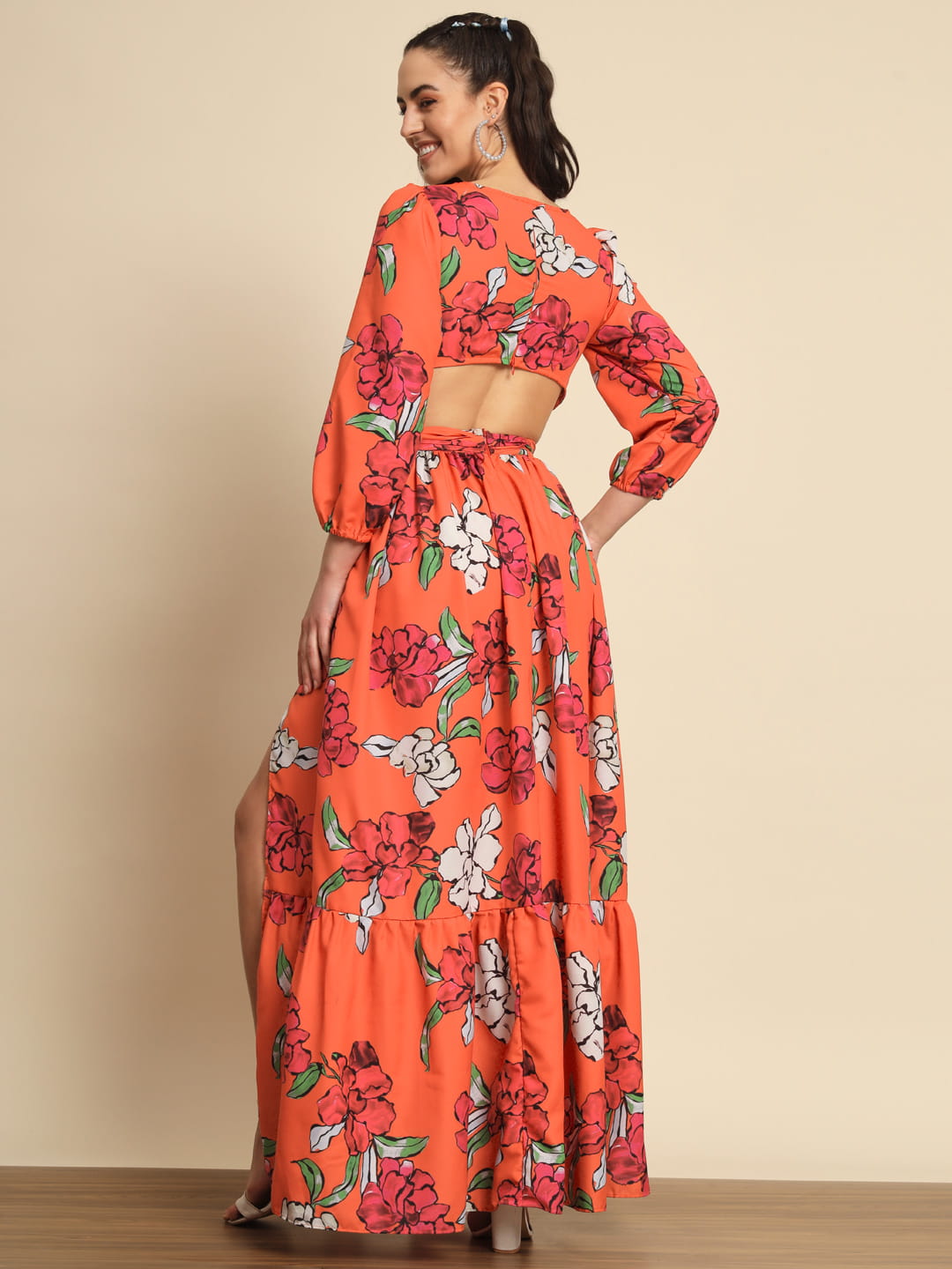 Sunset Whispers: An Orange Cutout Dress with Knot Detail | Hues of India