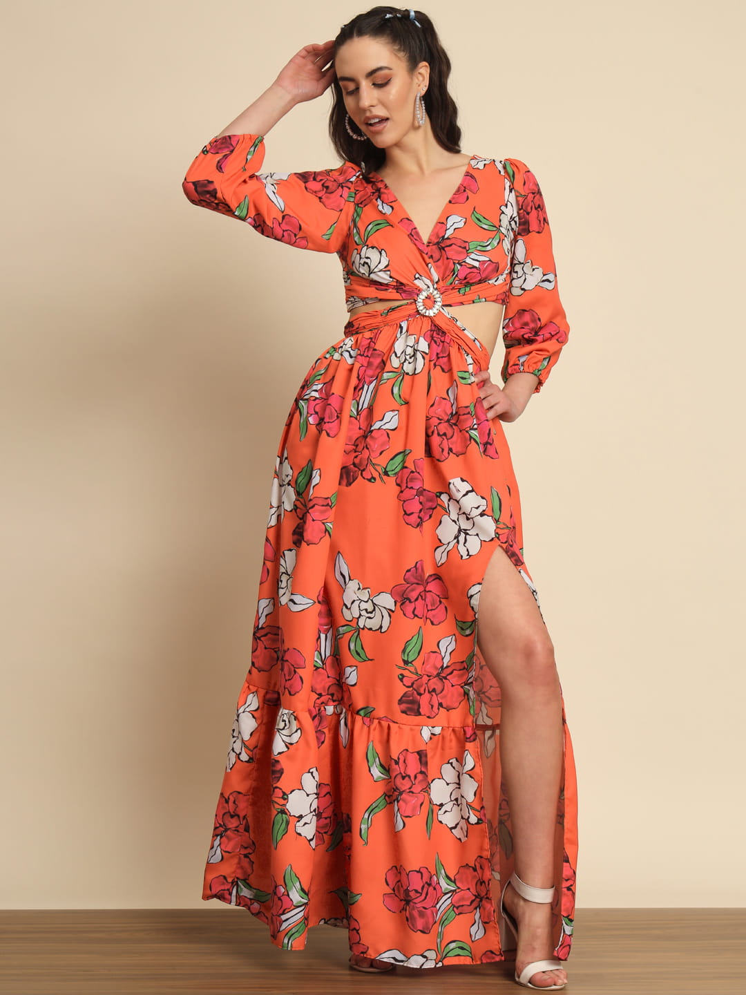 Sunset Whispers: An Orange Cutout Dress with Knot Detail | Hues of India