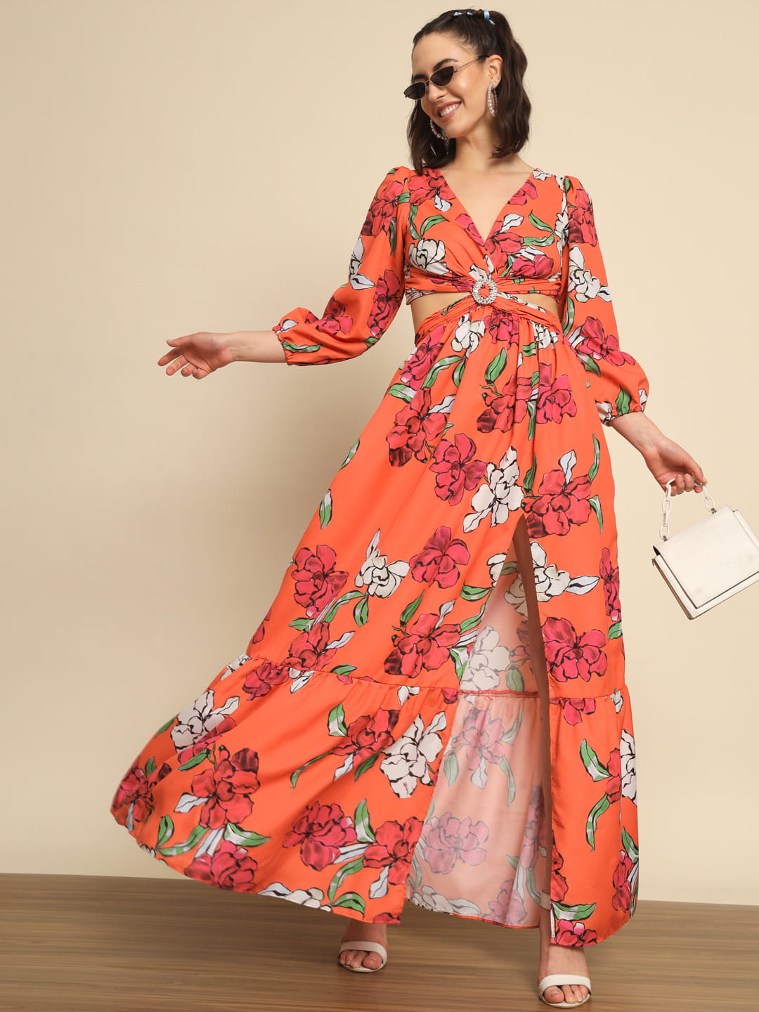 Sunset Whispers: An Orange Cutout Dress with Knot Detail | Hues of India