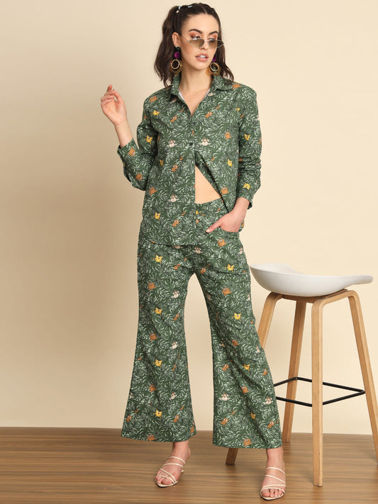 Verdant Melodies: A Green Printed Denim Coord Set | Hues of India