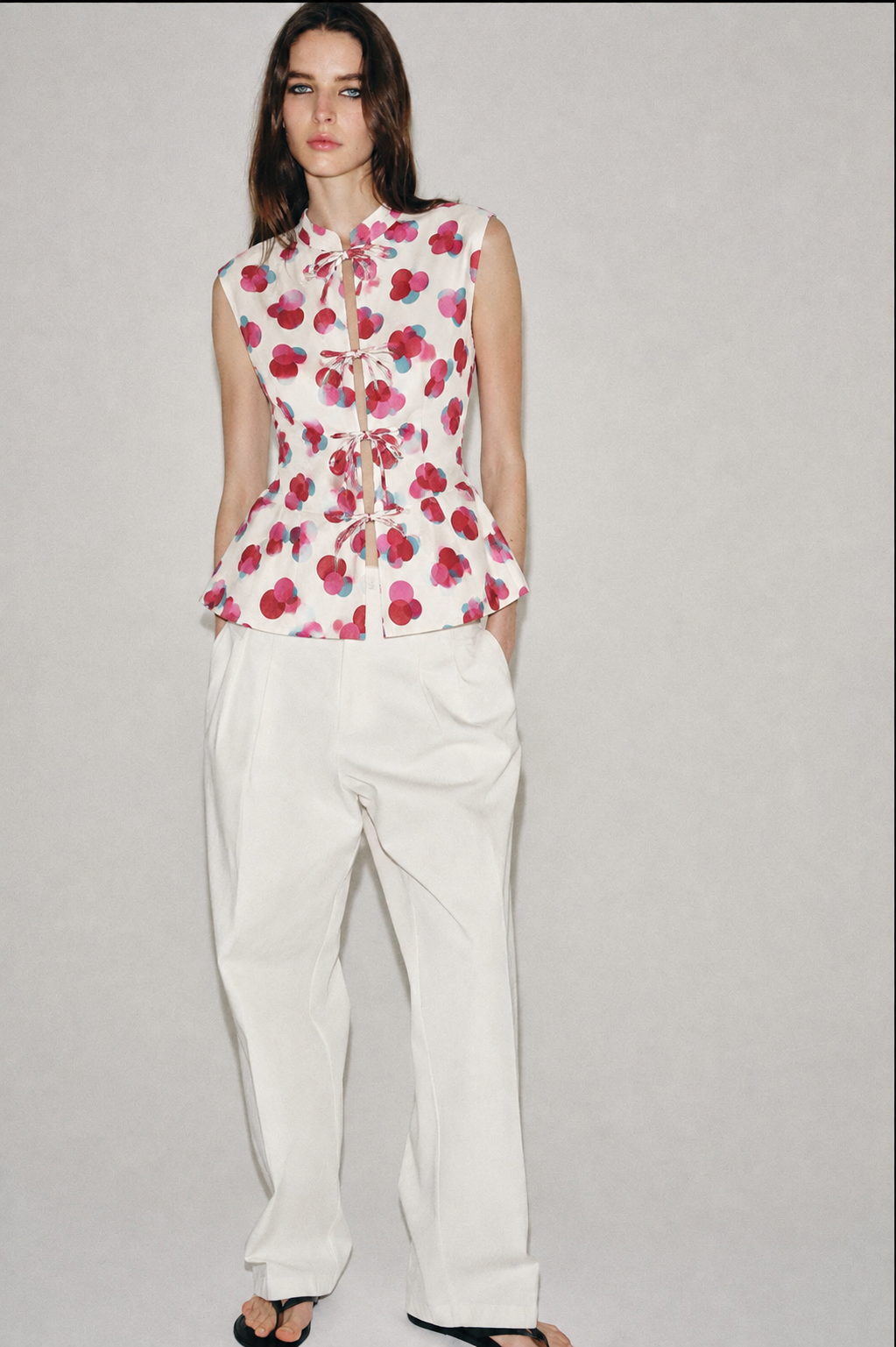 Cotton Tie-Front Polka Dot Peplum Top
